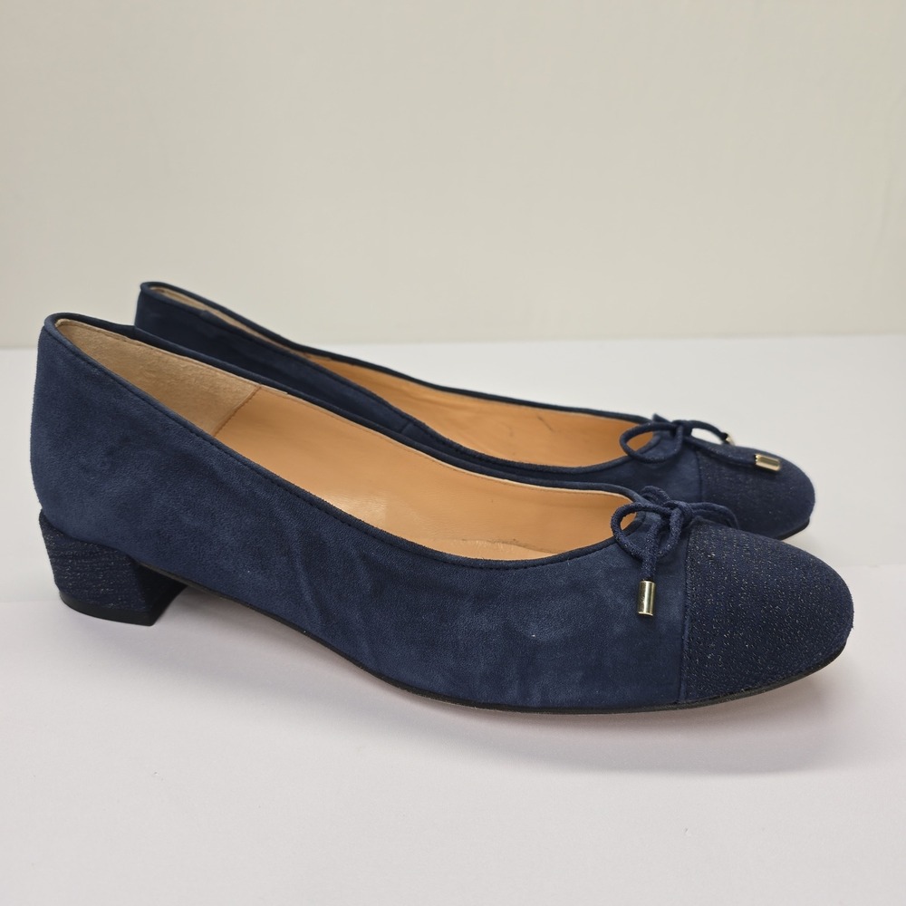 Andre Assous Navy Blue Suede Cap Toe Ballet Pumps Spanish Leather Block Heel 41